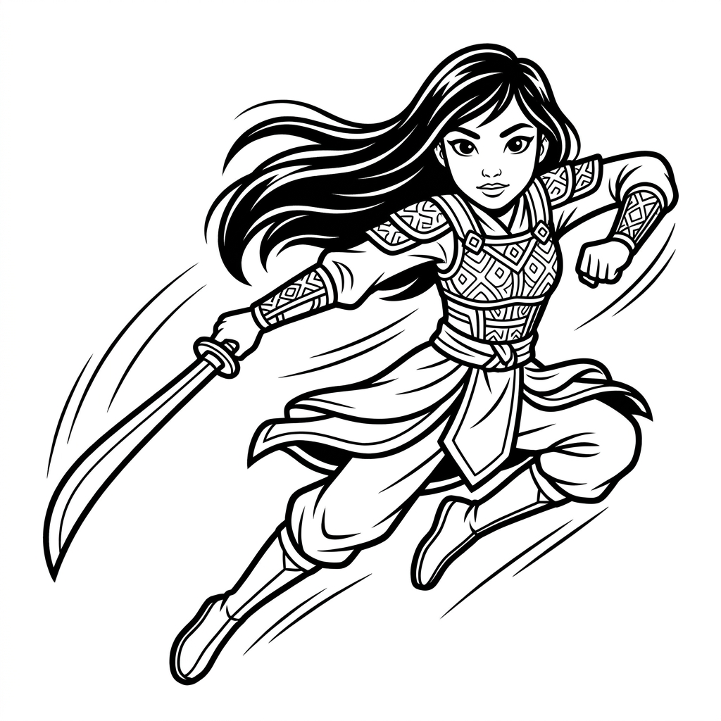Raya and the last dragon coloring page of a warrior girl in a dynamic jumping battle pose